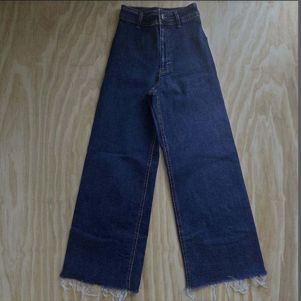 Zara Dark Blue Wide Leg Jeans with Frayed Hem